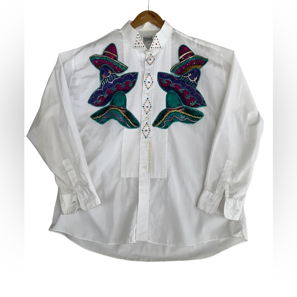 Vintage 90s Western Button Shirt Rhinestones Cowboy Hat Sombrero Size XL